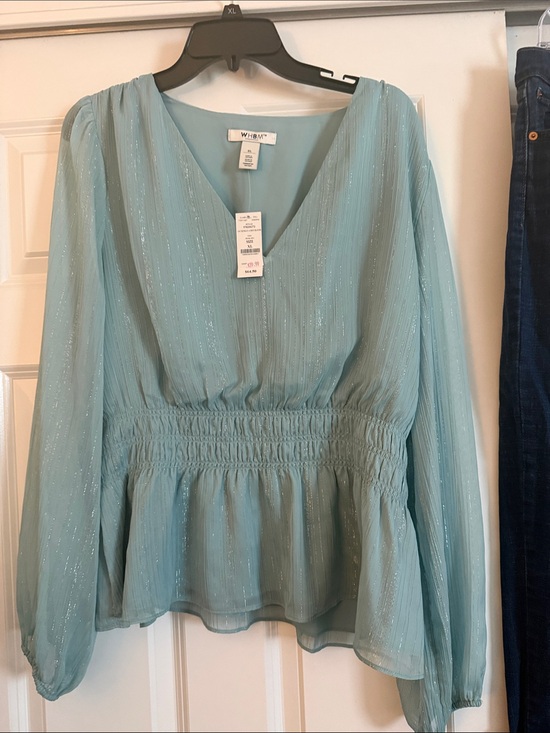 White House Black Market Tops - White House Black Market Teal V-Neck Long Sleeve Peplum Top